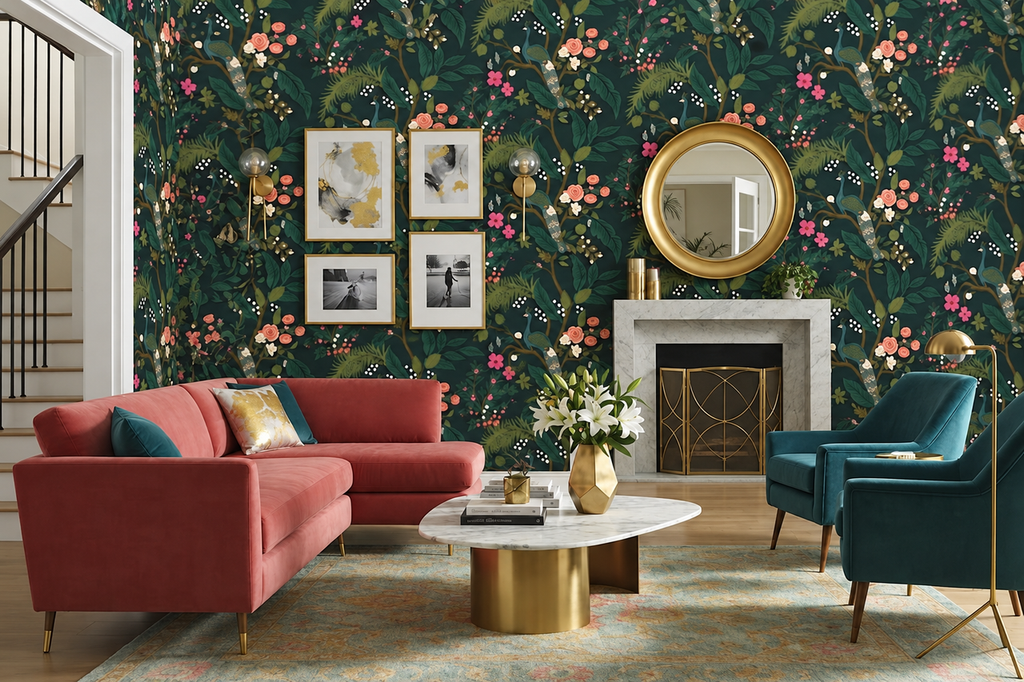 Peacock Wallpaper in Emerald, full pattern with birds, flowering branches, and foliage