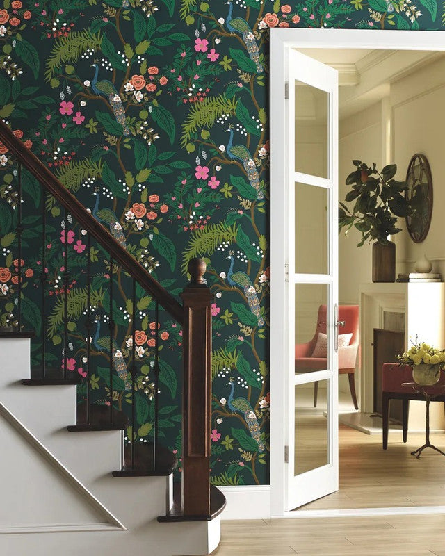 Peacock Blush wallpaper showcased in a coordinating editorial interior