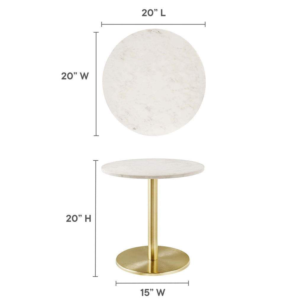 Diagram showing the Perrine Side Table's 20-inch marble top diameter, 20-inch height, and 15-inch base width