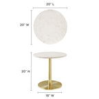 Diagram showing the Perrine Side Table's 20-inch marble top diameter, 20-inch height, and 15-inch base width