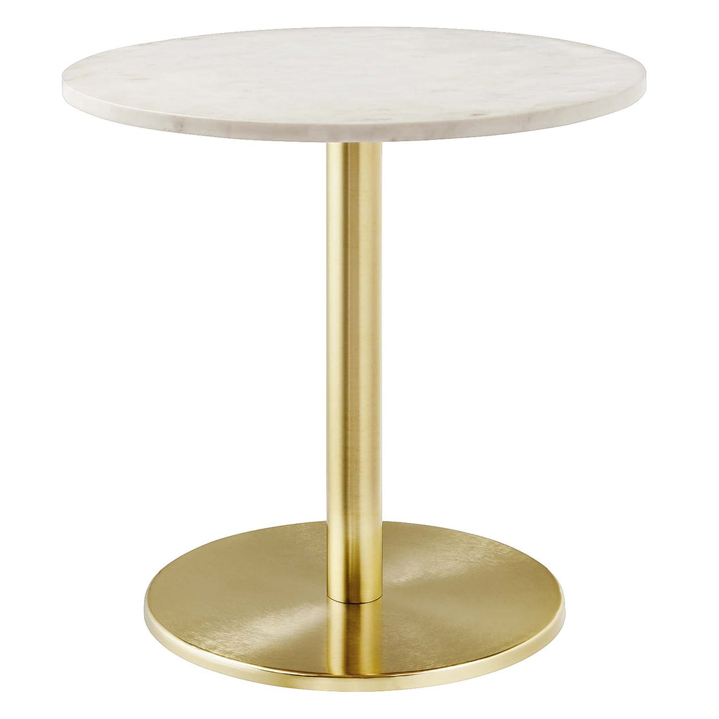 Round marble-top side table with a single brushed gold pedestal column and wide round base