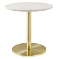 Round marble-top side table with a single brushed gold pedestal column and wide round base