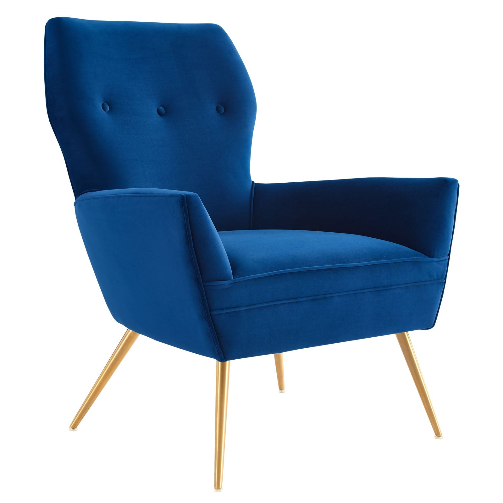 Navy velvet button-tufted armchair with brushed gold splayed legs, shown at a front angle