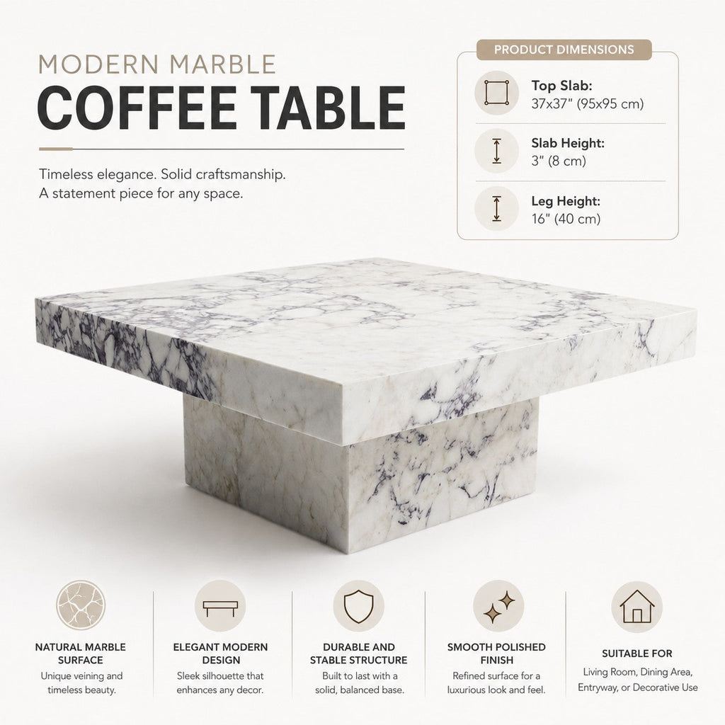 Dimension diagram for square Calacatta Viola marble coffee table