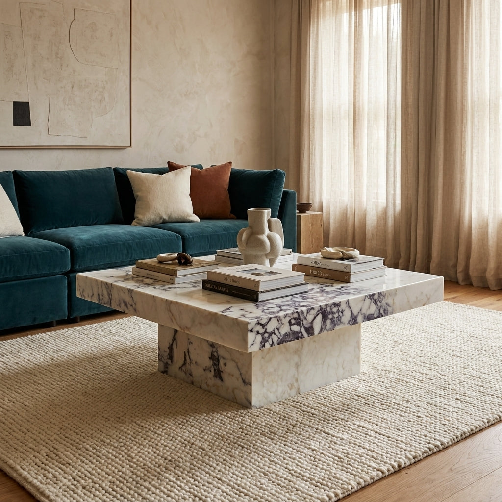 Calacatta Viola marble coffee table beside a teal velvet sofa