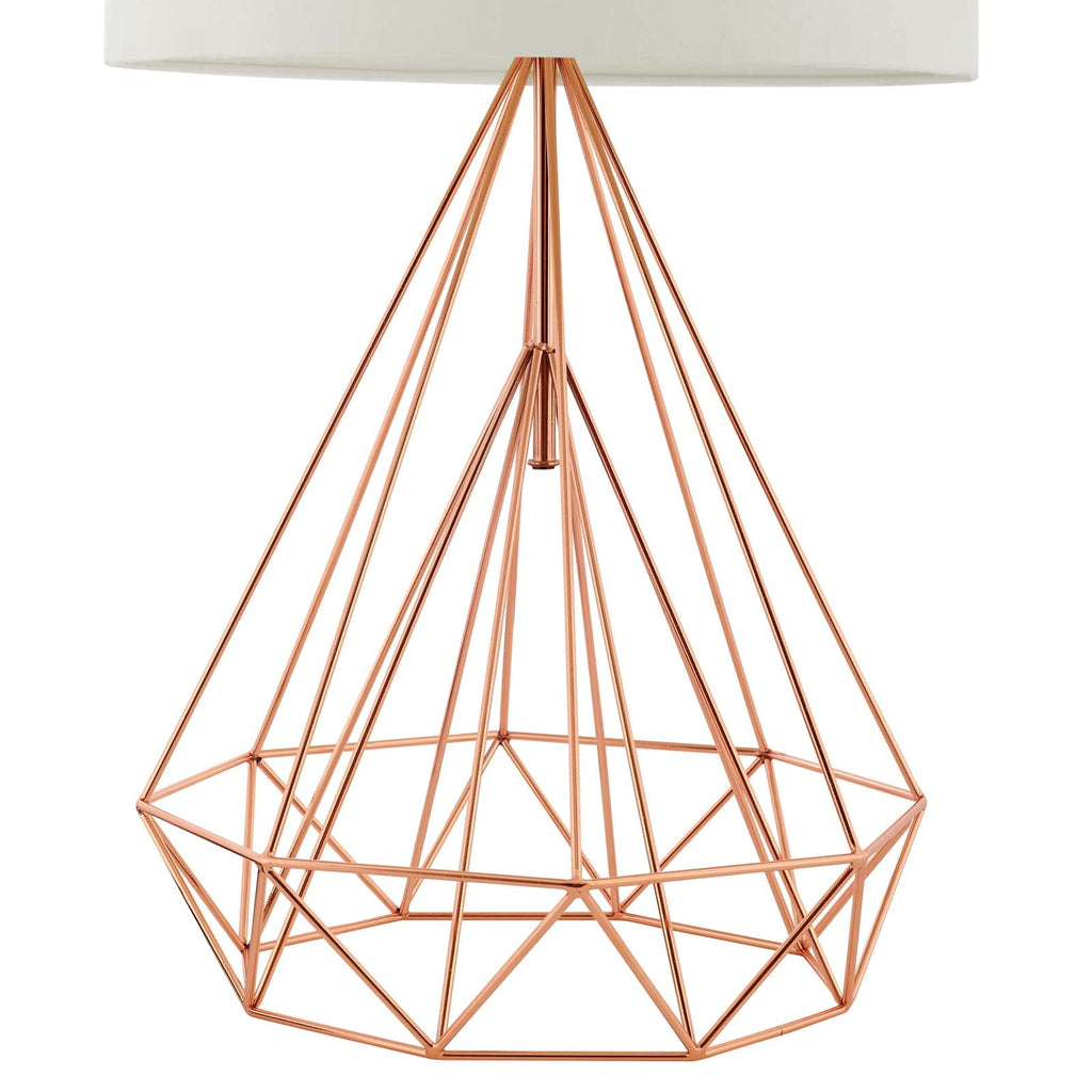 Detailed view of faceted rose gold wire diamond lamp base construction