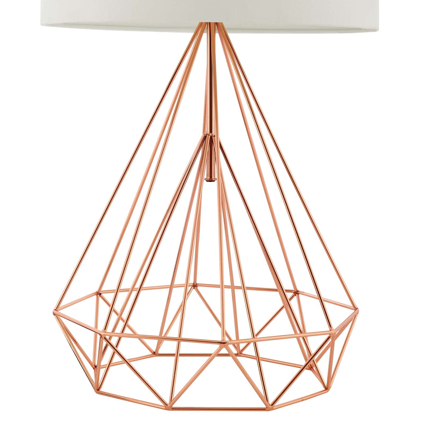 Detailed view of faceted rose gold wire diamond lamp base construction