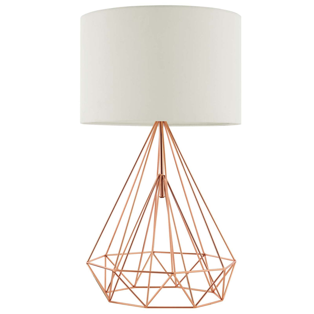 Rose gold wire diamond-frame table lamp with cream drum shade on white background