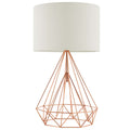 Rose gold wire diamond-frame table lamp with cream drum shade on white background