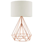 Rose gold wire diamond-frame table lamp with cream drum shade on white background