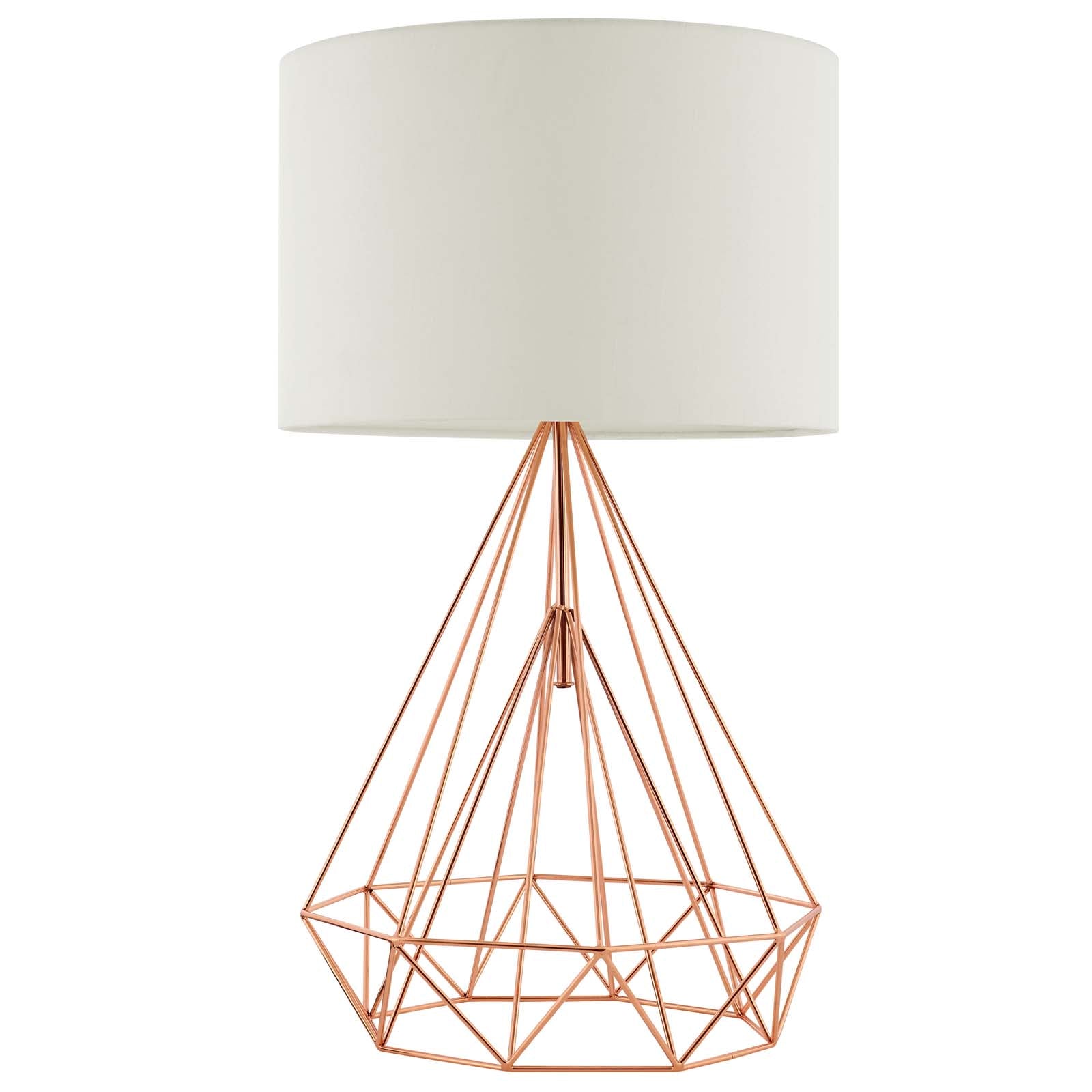 Rose gold wire diamond-frame table lamp with cream drum shade on white background