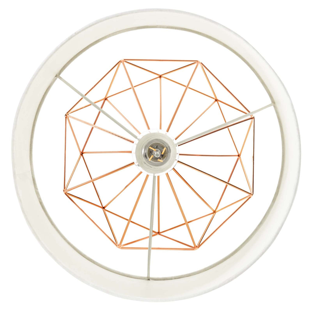 Top side view of rose gold wire table lamp base showing geometric wire pattern and bulb socket