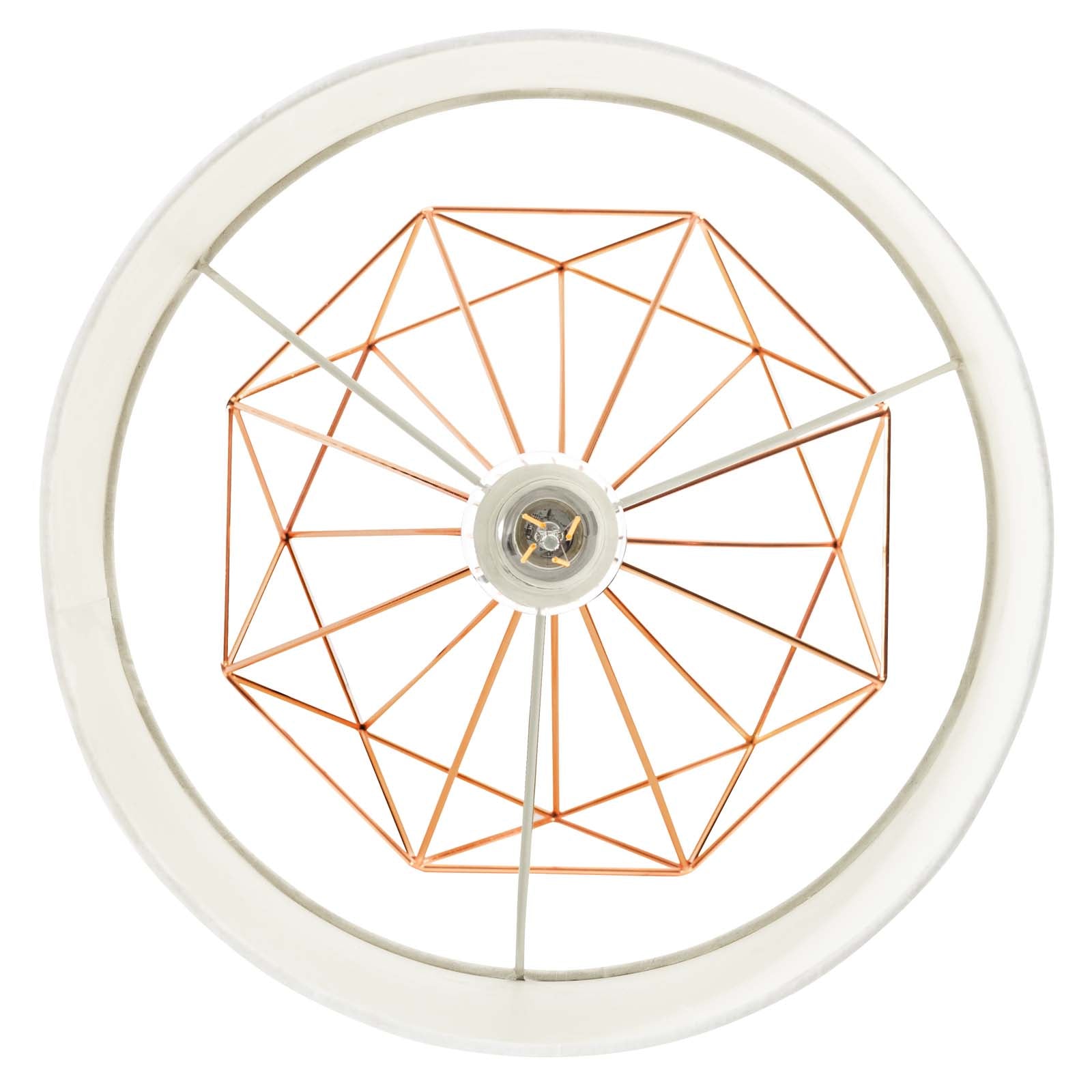Top side view of rose gold wire table lamp base showing geometric wire pattern and bulb socket
