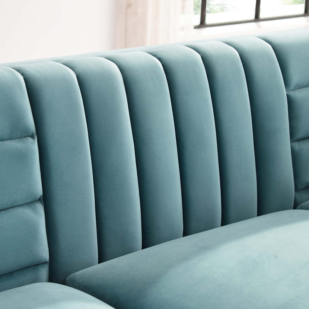Close-up of the vertical channel tufting on the Roxane Sofa's backrest