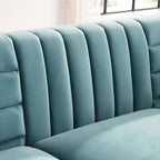 Close-up of the vertical channel tufting on the Roxane Sofa's backrest