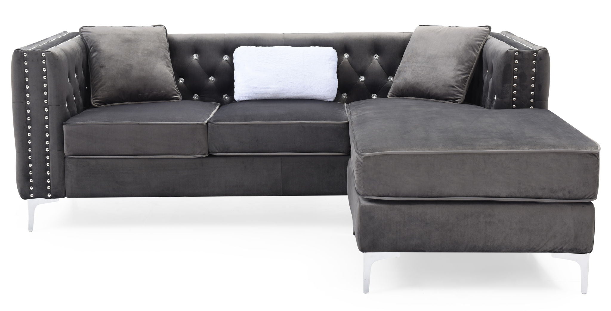 Charcoal gray velvet sofa chaise shown at a front angle with nailhead trim detail