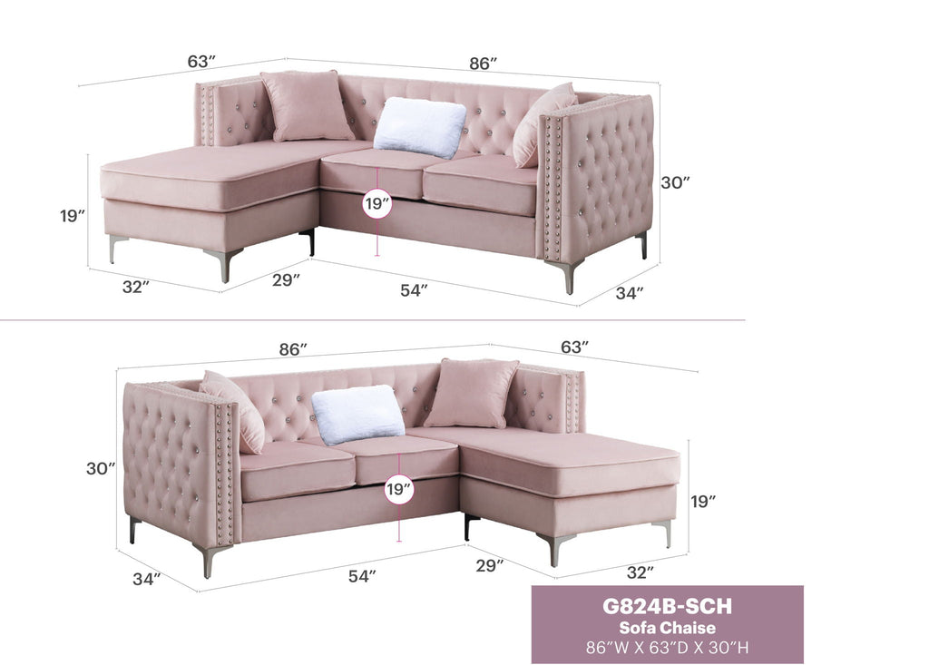 Dimension diagram of the Séverine Sofa Chaise showing 86 inches wide, 63 inches deep, 30 inches high