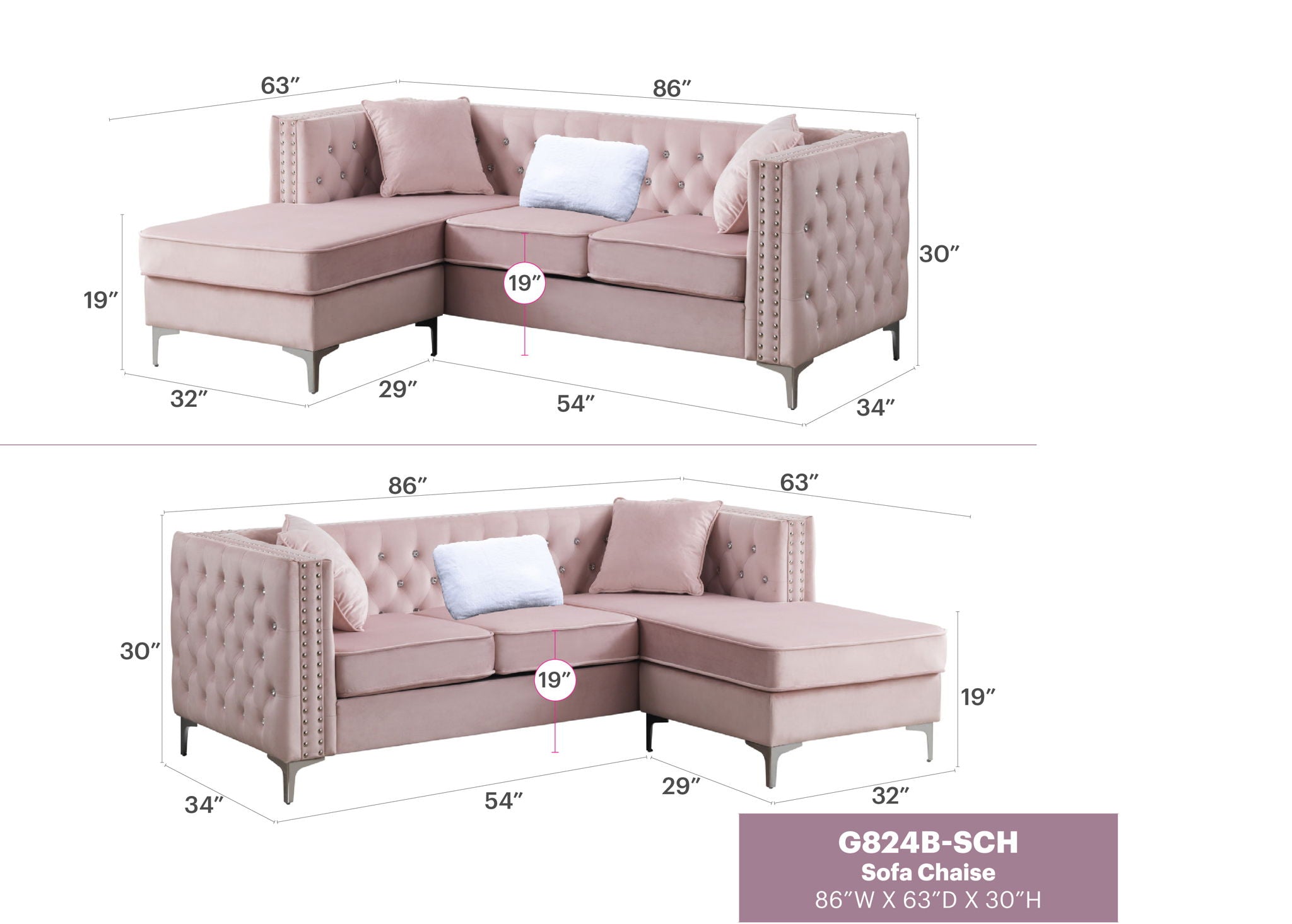 Dimension diagram of the Séverine Sofa Chaise showing 86 inches wide, 63 inches deep, 30 inches high