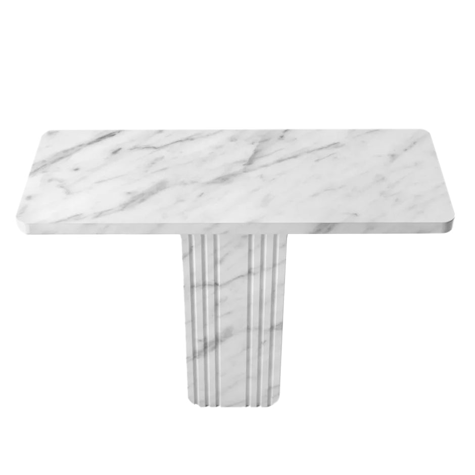 Overhead view of white marble console tabletop showing natural veining pattern