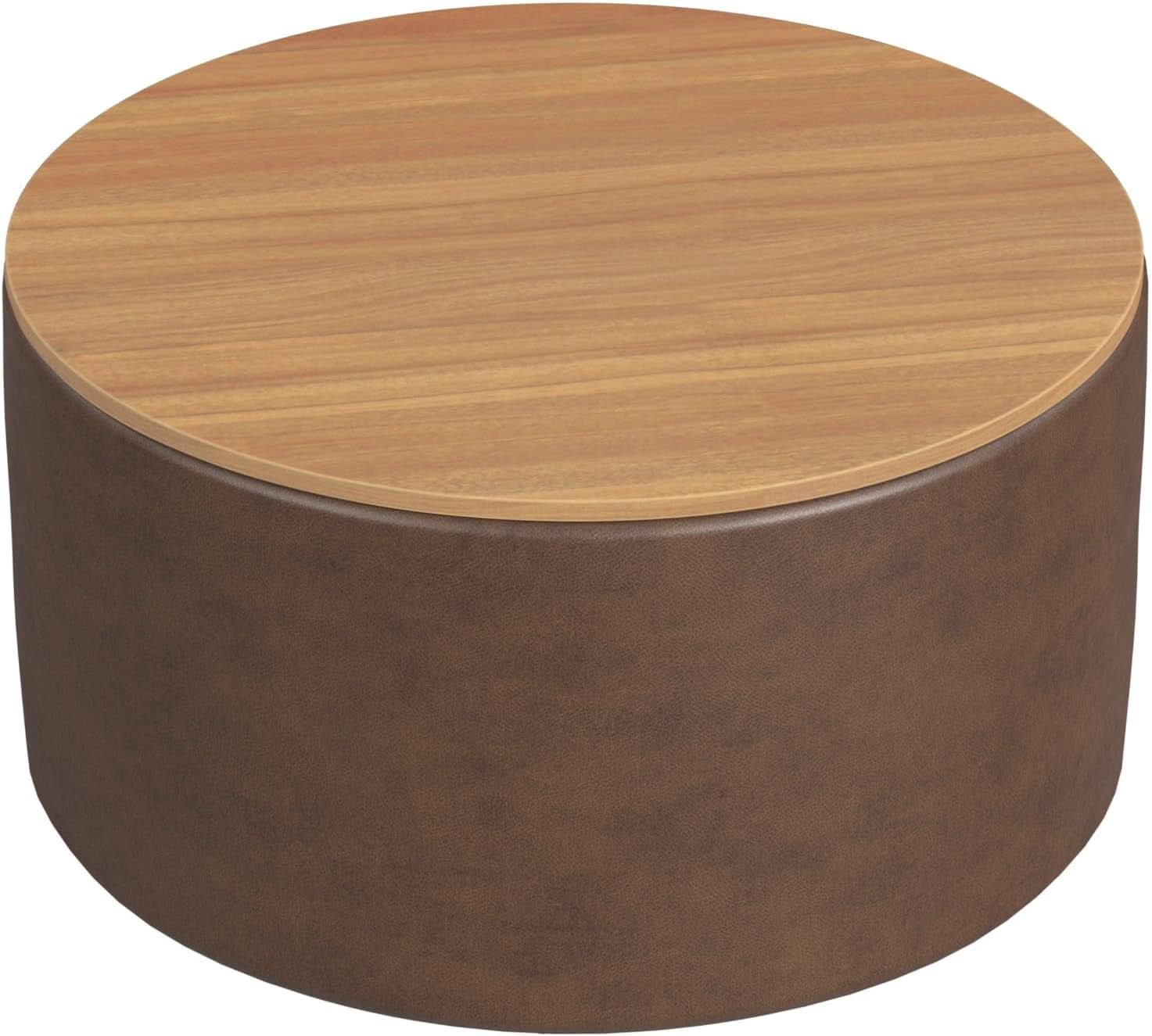 Minimalist three-quarter studio view of the Element storage ottoman, showcasing its seamless cylindrical drum body in rich brown textile and a flush, light wood-grained top surface against a white background.