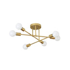 Gold sputnik-style chandelier with six angled rods and exposed bulbs on white background