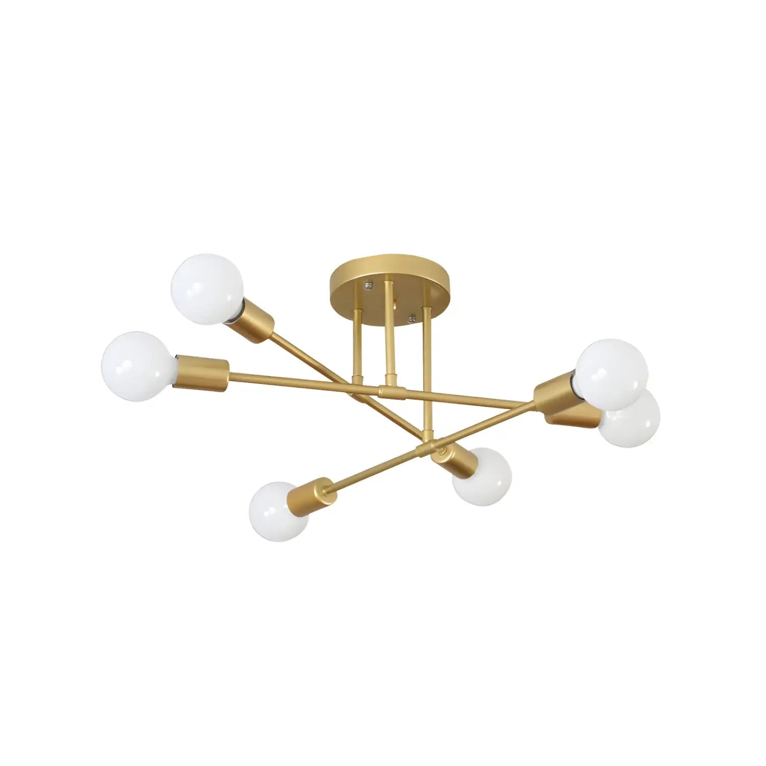 Gold sputnik-style chandelier with six angled rods and exposed bulbs on white background