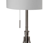 Close-up of the Ansel Lamp's brushed nickel telescoping column and pull chain switch beneath the fabric shade