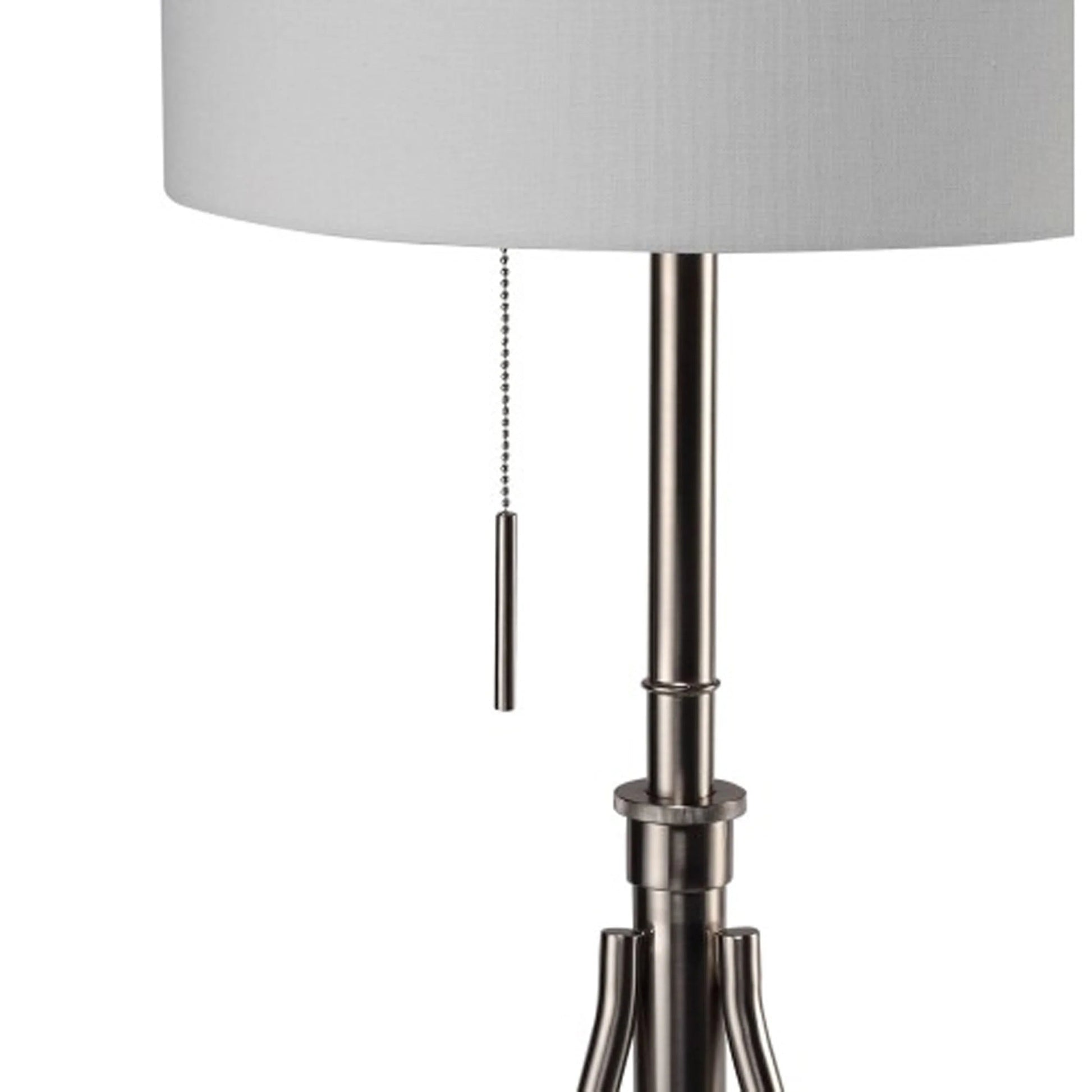 Close-up of the Ansel Lamp's brushed nickel telescoping column and pull chain switch beneath the fabric shade