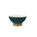 Peacock green footed porcelain bowl with a gold rim and fluted gold base, shown against a white background