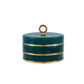 Peacock green porcelain accent box with double gold banding and a sculptural gold ring finial, shown against a white background