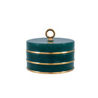 Peacock green porcelain accent box with double gold banding and a sculptural gold ring finial, shown against a white background