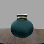 Round peacock green porcelain vase with triple gold banding at the neck, shown against a white background