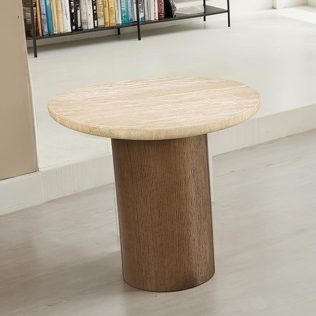 Round travertine side table with cylindrical oak base styled in a living room near a bookshelf