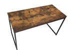 Close-up top angle of the Beau Writing Desk's antique wood-grain surface and black iron frame