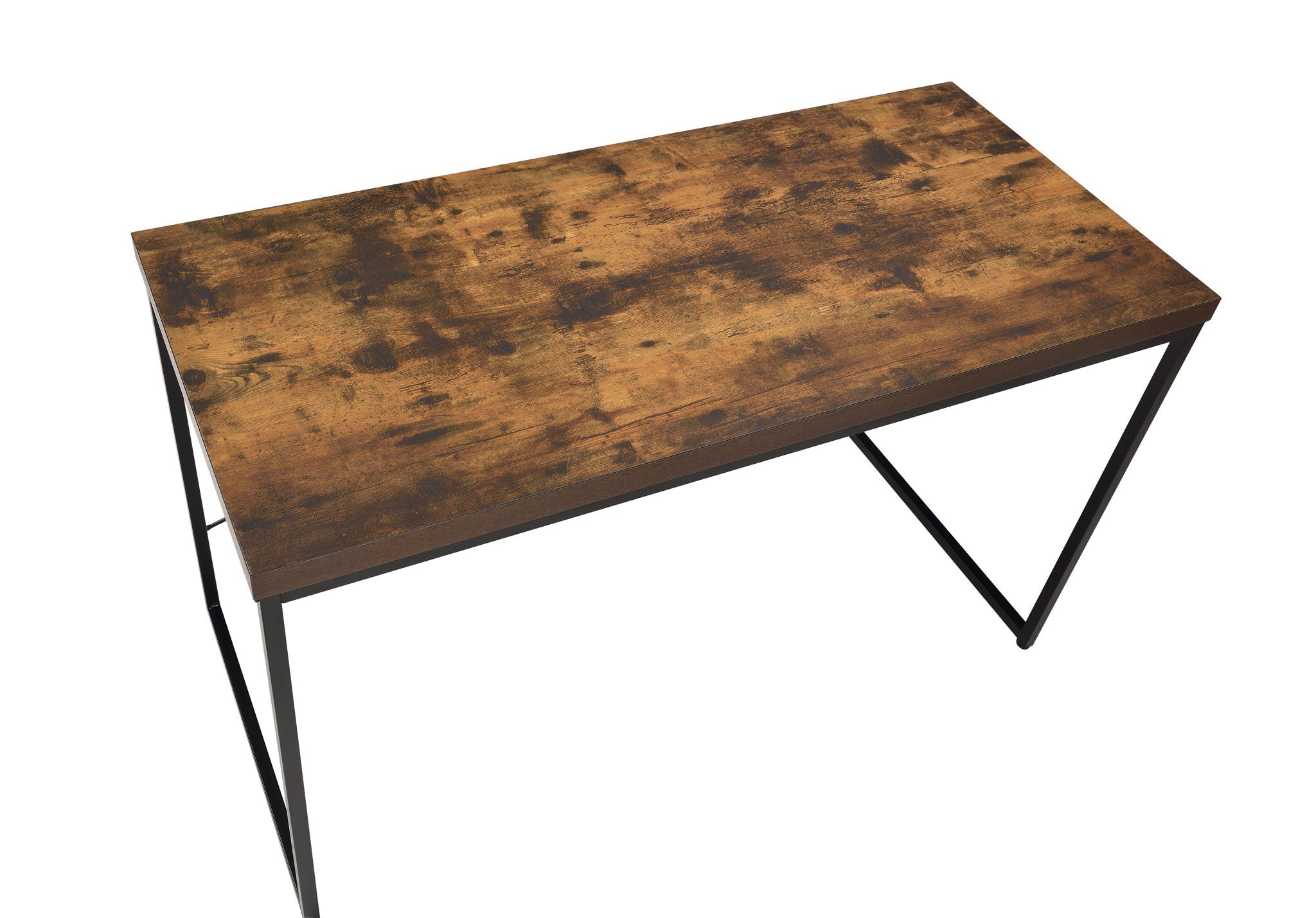 Close-up top angle of the Beau Writing Desk's antique wood-grain surface and black iron frame