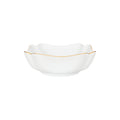 Square porcelain bowl with soft scalloped corners and a fine gold rim, shown against a white background