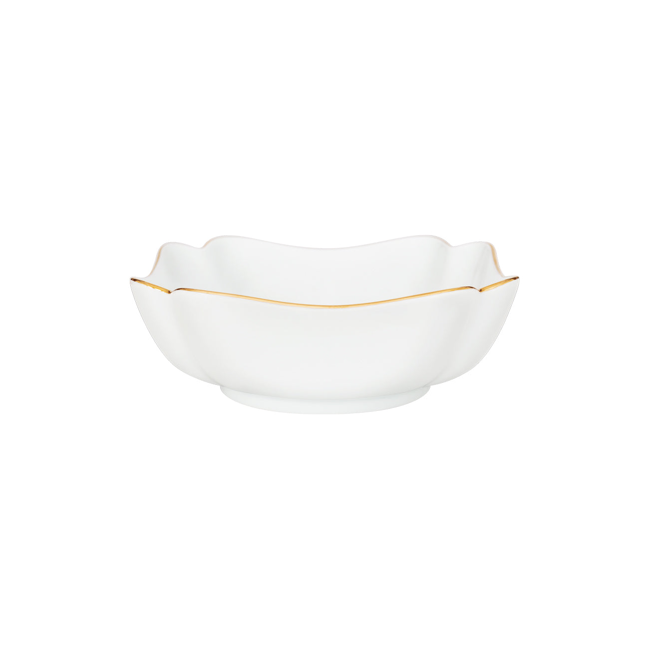Square porcelain bowl with soft scalloped corners and a fine gold rim, shown against a white background