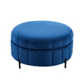 Symmetrical studio profile of the closed Charlotte Ottoman highlighting its crisp cylindrical geometry and deep navy velvet tailoring.