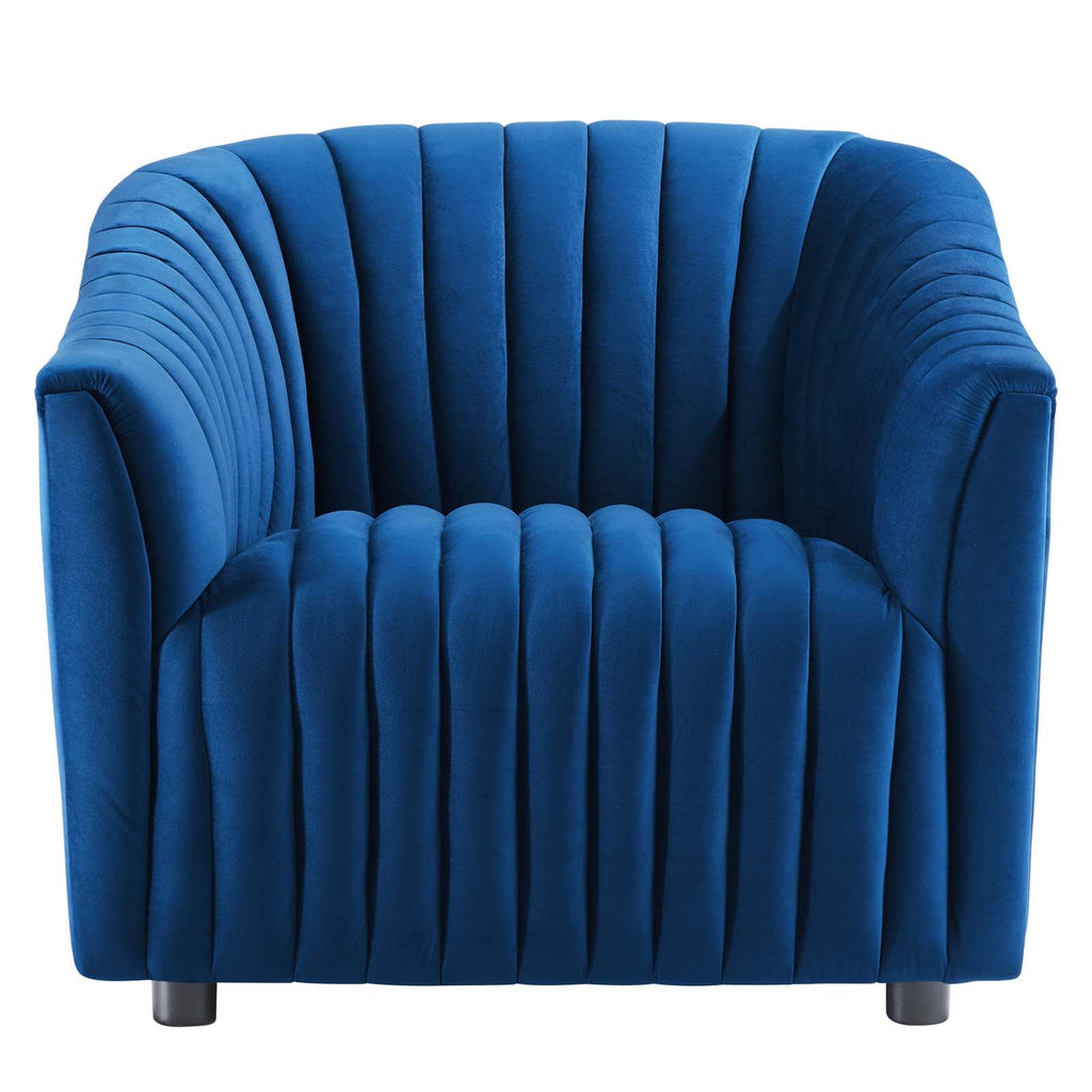 Symmetrical front orthographic view of the architectural navy velvet Cobalt Voûte Armchair showcasing its uniform channel tufting and crisp block silhouette.