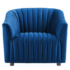 Symmetrical front orthographic view of the architectural navy velvet Cobalt Voûte Armchair showcasing its uniform channel tufting and crisp block silhouette.