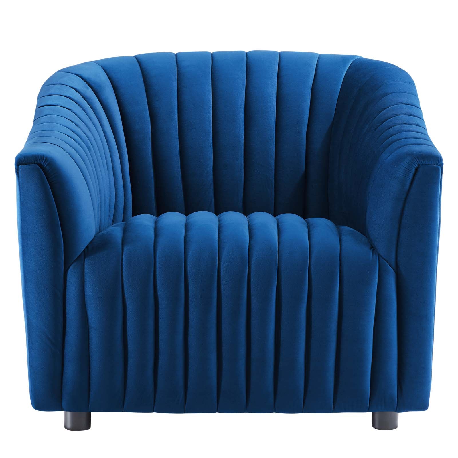 Symmetrical front orthographic view of the architectural navy velvet Cobalt Voûte Armchair showcasing its uniform channel tufting and crisp block silhouette.