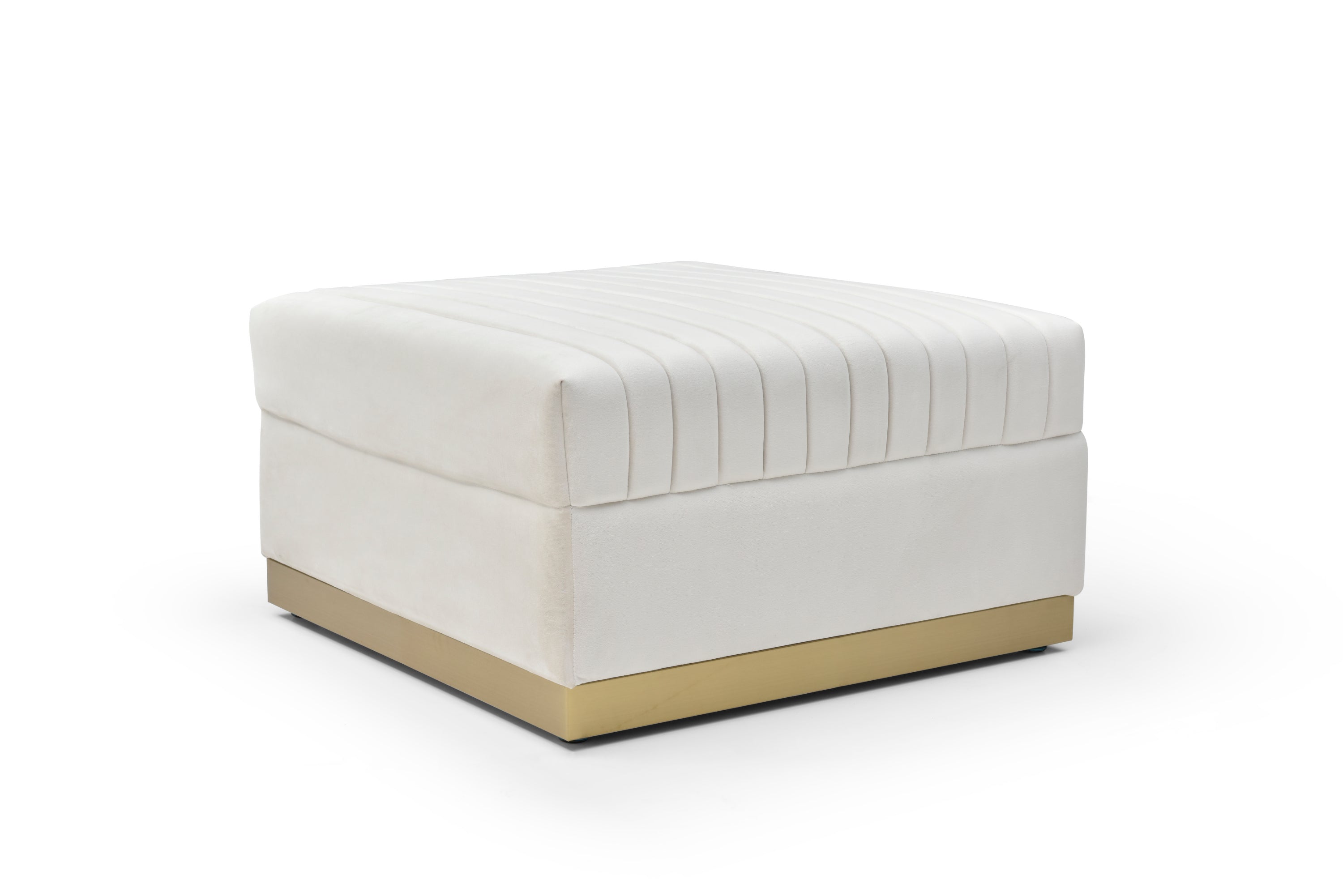 Symmetrical studio profile of the closed Crème Linteau Ottoman highlighting its clean geometric silhouette and low-profile gold plinth base.