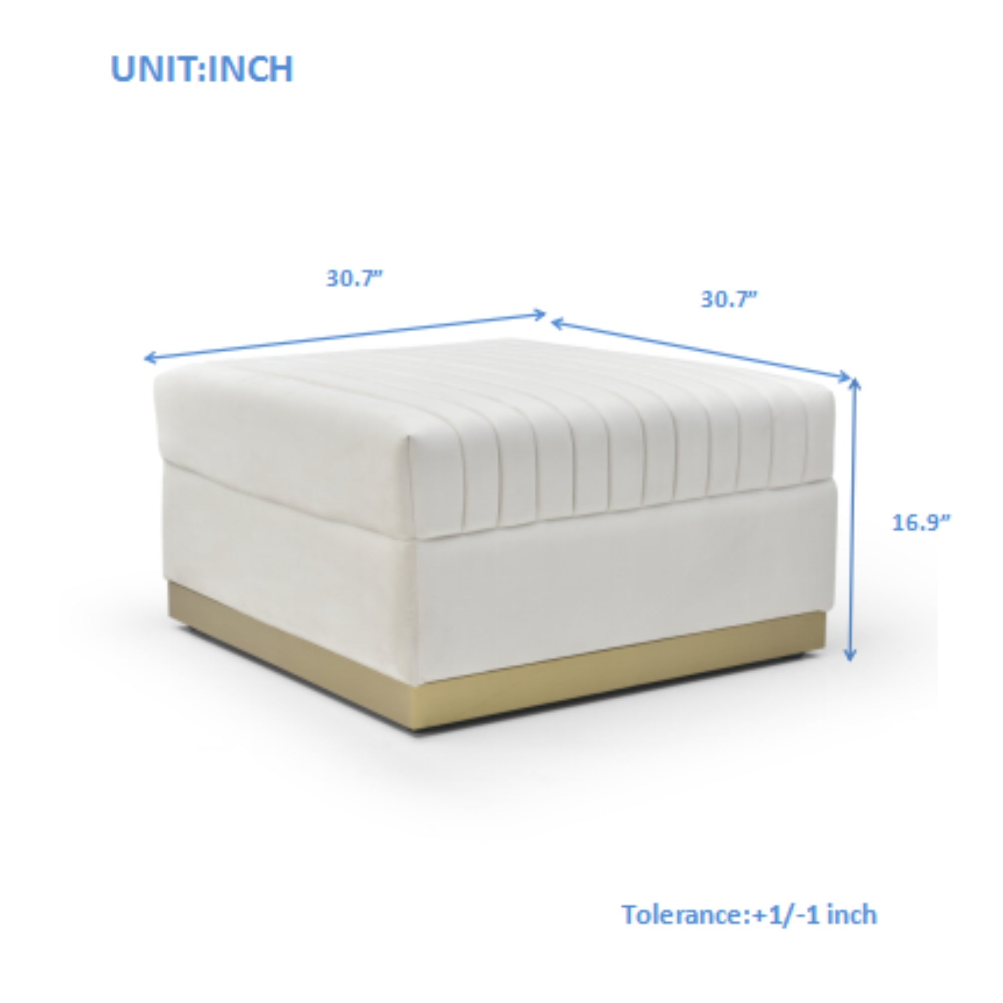 Line art dimension schematic of the square cream velvet Crème Linteau Ottoman displaying height and width metrics.