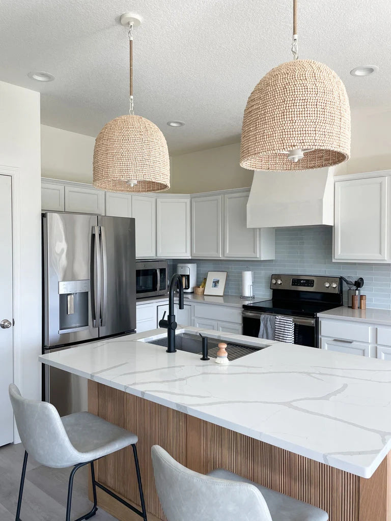 The Estelle 3-Light Pendant — Natural Wood Beads — estelle light pendant kitchen island