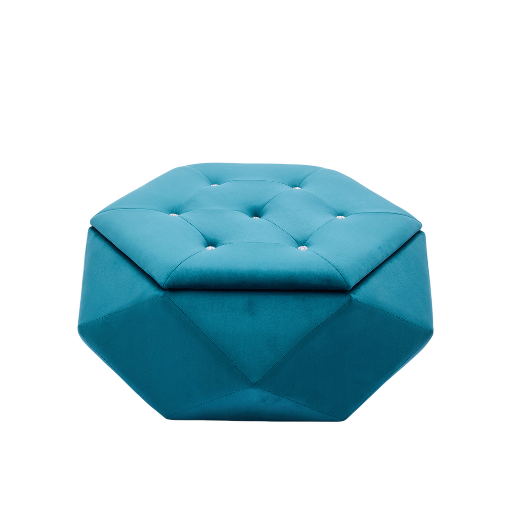 Teal velvet polygon storage ottoman with diamond tufted lid on a white background