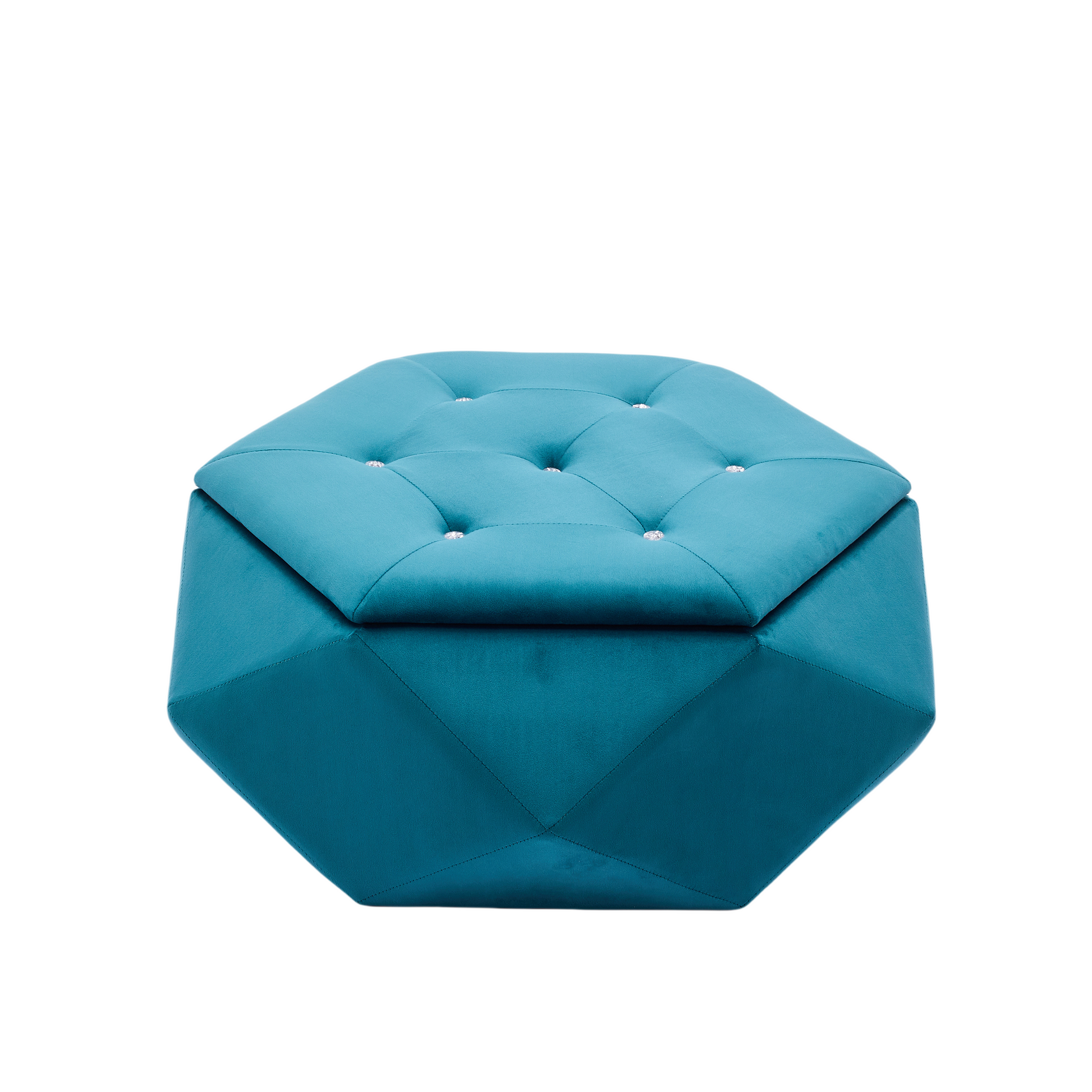 Teal velvet polygon storage ottoman with diamond tufted lid on a white background