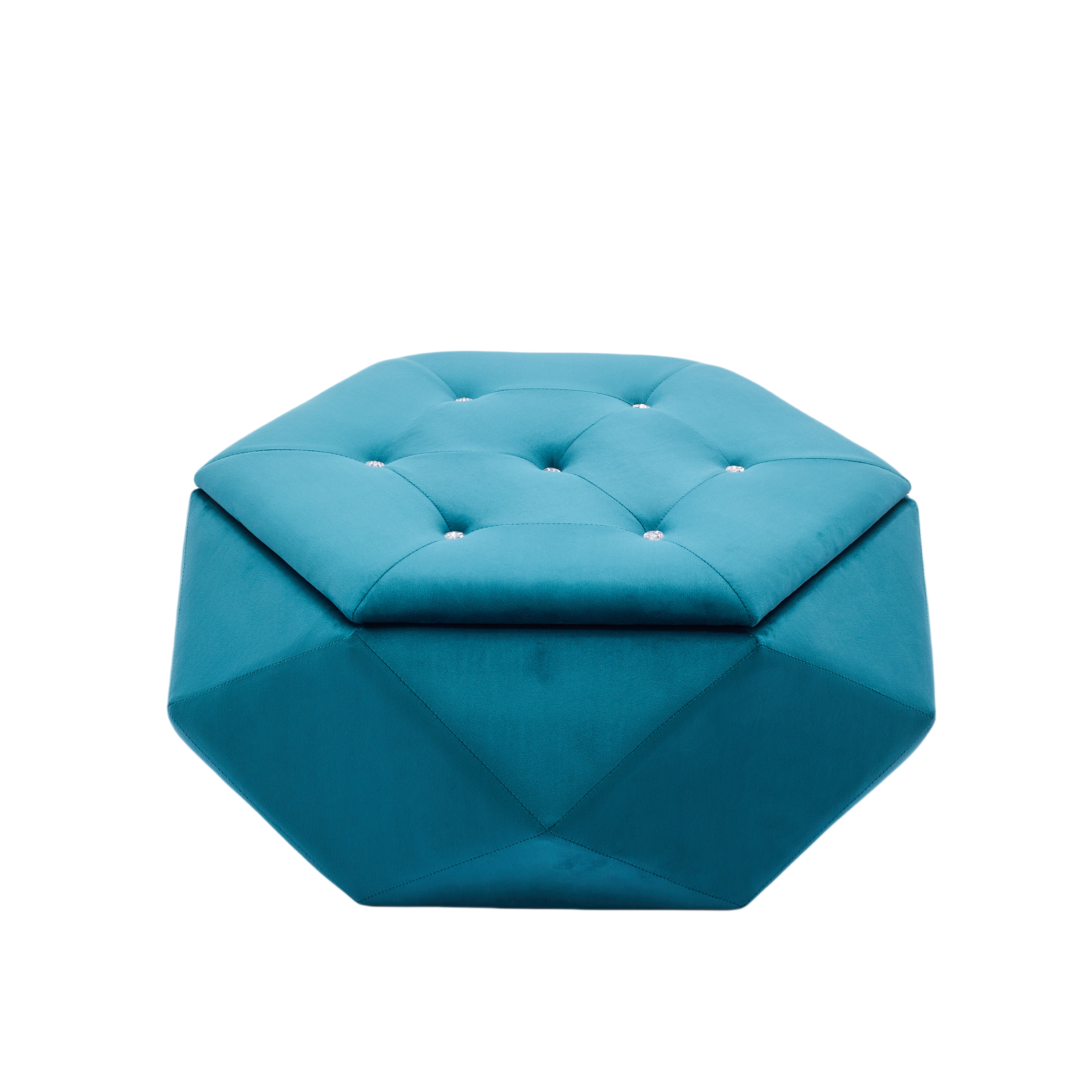 Teal velvet polygon storage ottoman with diamond tufted lid on a white background