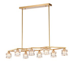 Matte gold stepped chandelier with eight faceted crystal light cubes on a white background