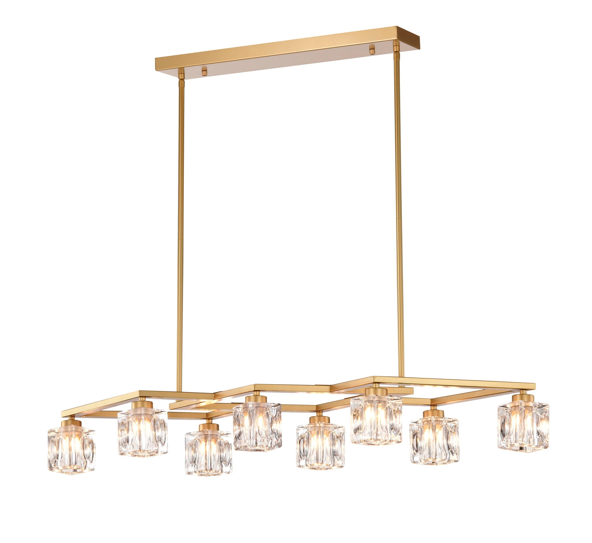 Matte gold stepped chandelier with eight faceted crystal light cubes on a white background
