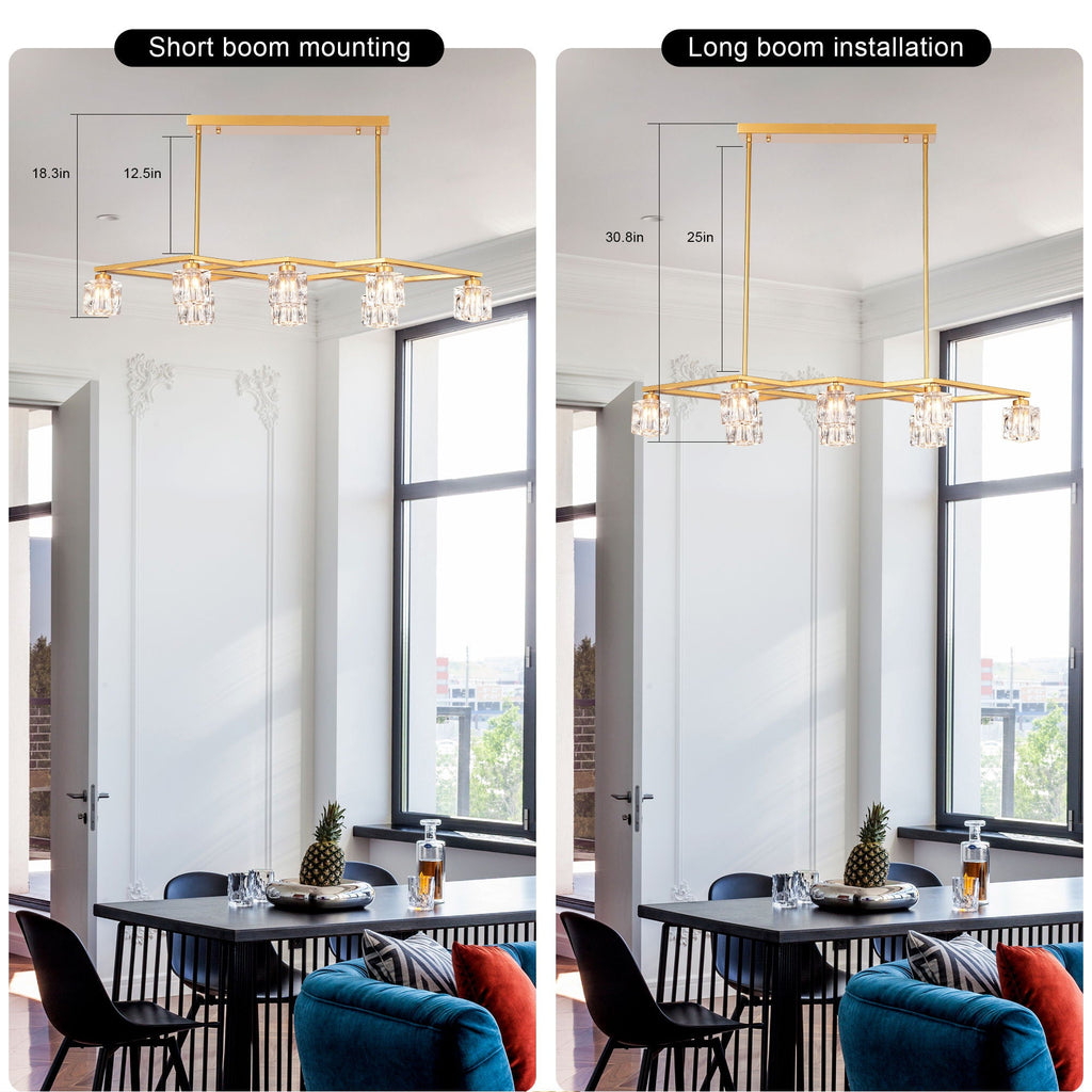 Comparison diagram showing the Genevieve Chandelier mounted with short and long boom rods in a dining room